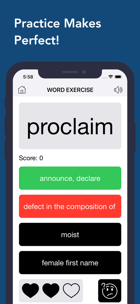 A mobile app screenshot showing a word exercise vocabulary quiz for the word proclaim with multiple choice definitions.