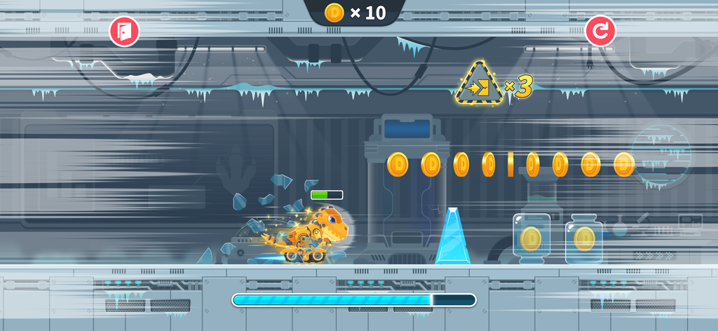 A mechanical dinosaur robot collecting gold coins in a futuristic laboratory level within the Dinosaur Coding app.
