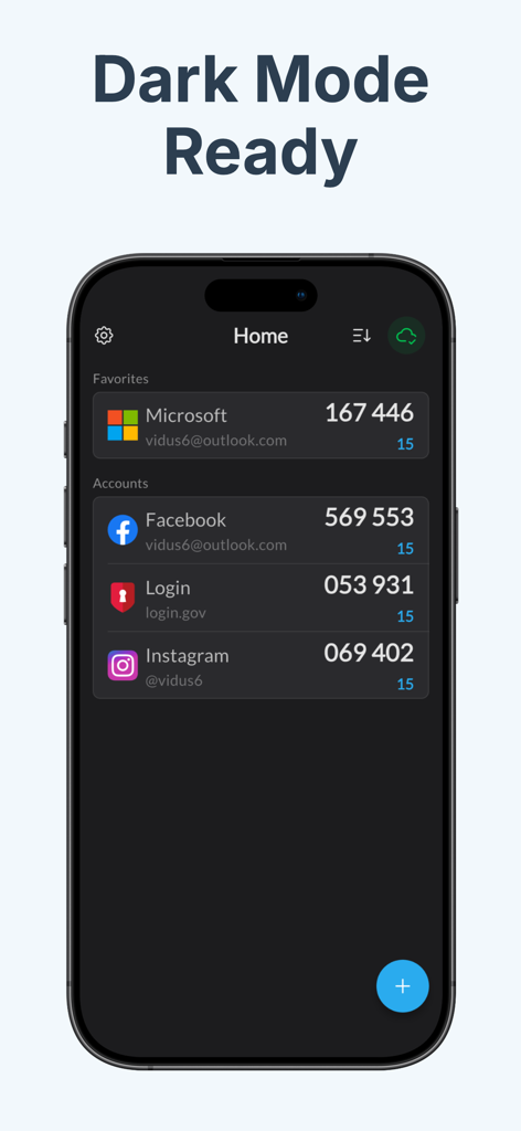 Interfaz de la aplicación Authenticator en modo oscuro mostrando códigos 2FA para cuentas de Microsoft y Facebook en un iPhone.