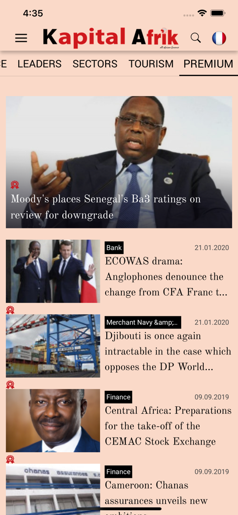 Financial Afrik - News feed of the Financial Afrik app displaying financial headlines and articles about African economies and leadership.