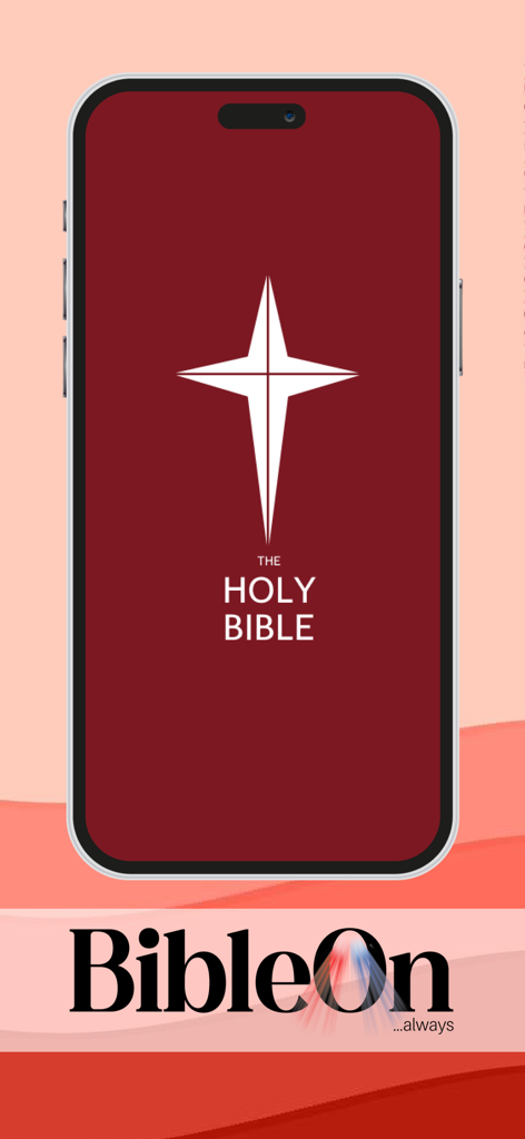 BibleOn Catholic Bible + Audio - BibleOnアプリのスプラッシュスクリーン。様式化された白い十字と「The Holy Bible」の文字が赤い背景に表示されています。