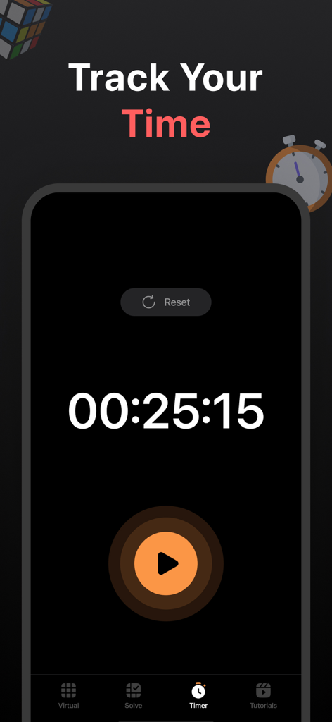 Rubiks Cube Solver AI - SolveQ - SolveQ app digital timer interface for tracking Rubik's cube solving speed