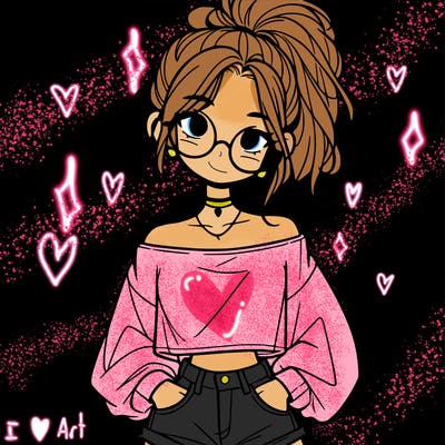 girl with a messy ponytail glasses a baggy crop top and jean shorts