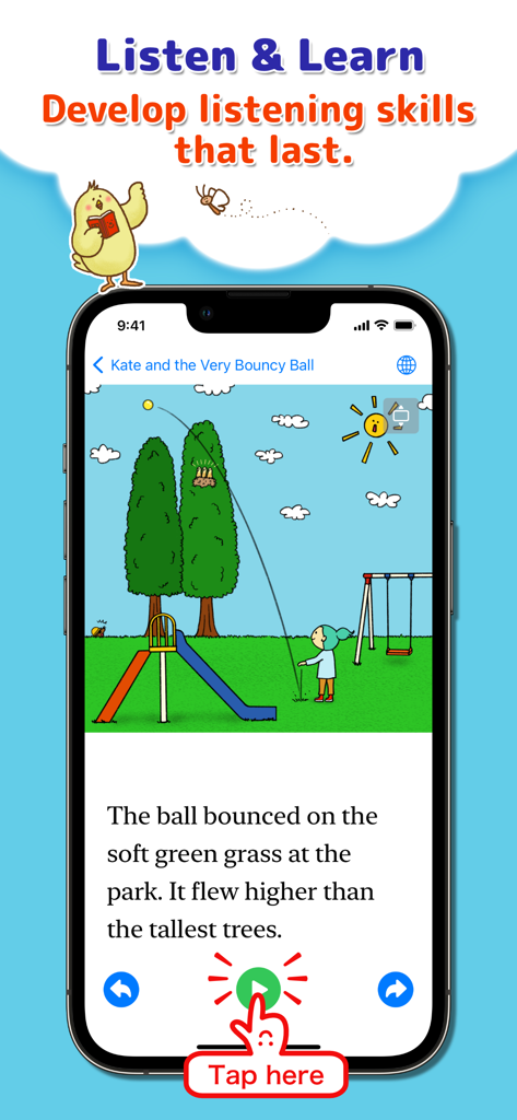 Phonics Readers for kids - Screenshot of Phonics Readers app showing a story screen with audio narration and listening skills features