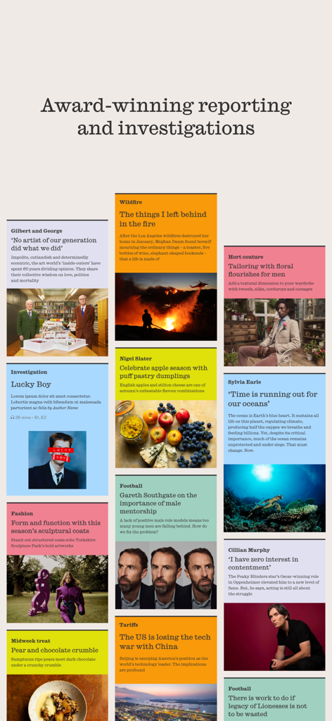 A collage of diverse news and culture articles from The Observer app