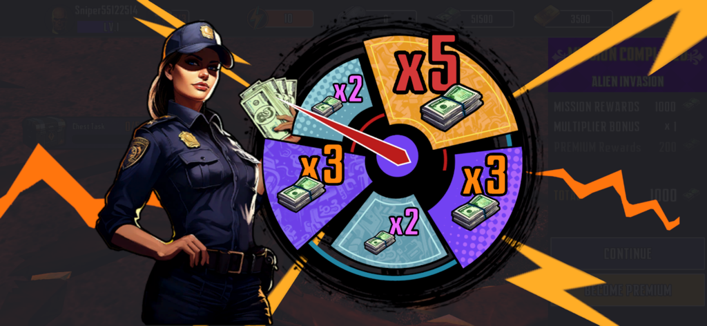 A female character in a police uniform standing next to a reward multiplier wheel with cash prizes