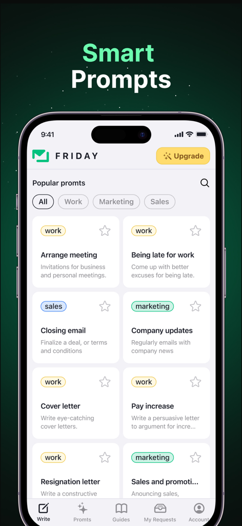 Friday AI Email Writer - A mobile app interface of Friday AI Email Writer showing a selection of smart prompts for work marketing and sales emails