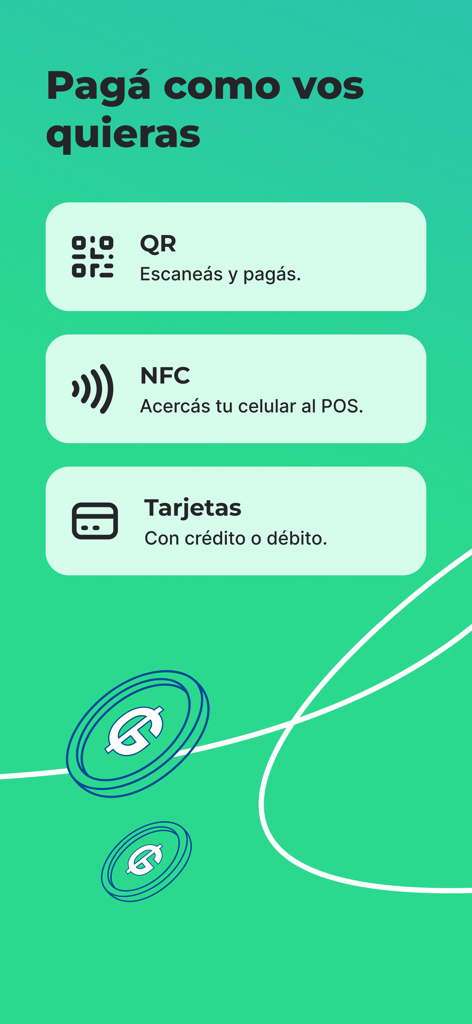 ueno - Interfaz de la aplicación móvil mostrando opciones de pago que incluyen QR, NFC y tarjetas bancarias en español.