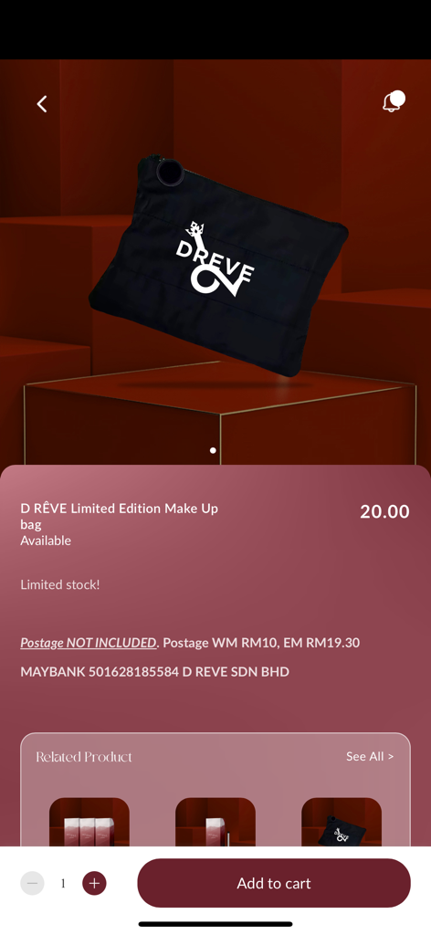 DRÊVE - Page produit pour un sac de maquillage noir en édition limitée dans l'application mobile DREVE