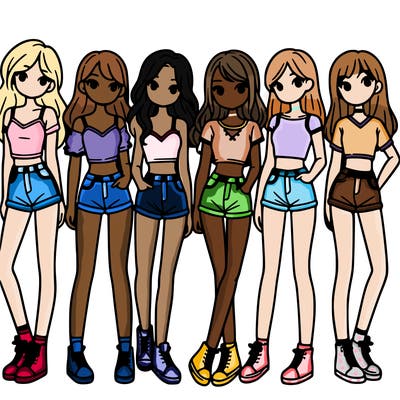 a group of girls wearing crop tops and shorts