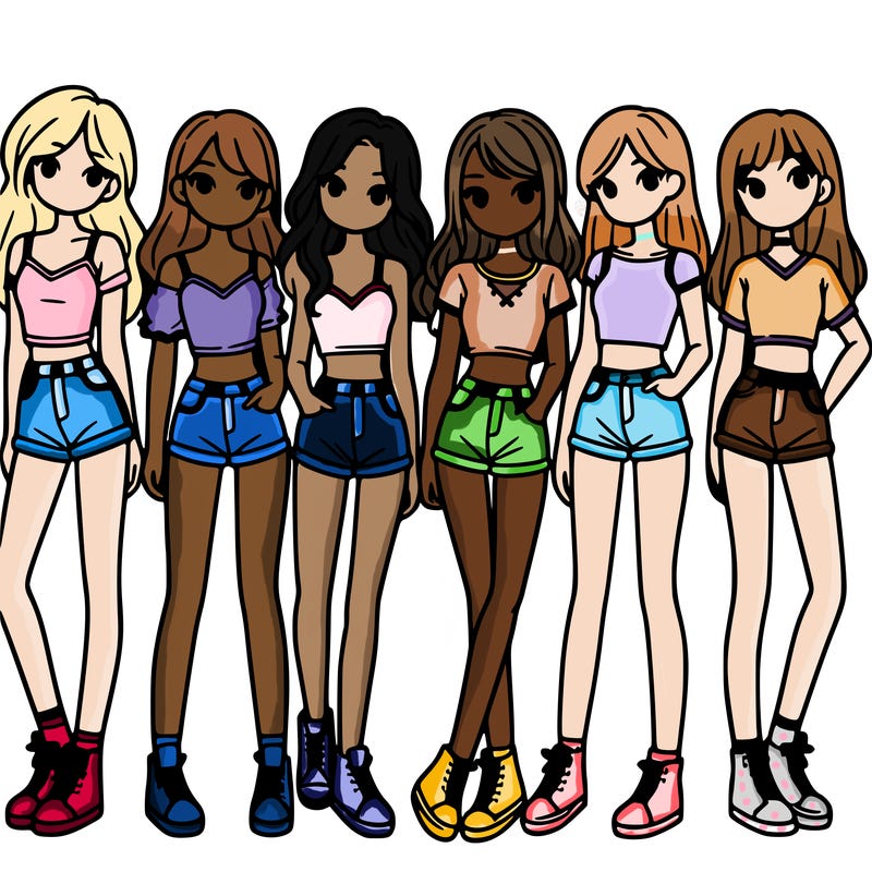 a group of girls wearing crop tops and shorts