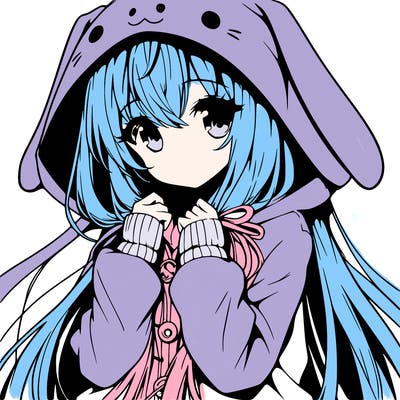 anime character girl with long hair cute bunny hoodie