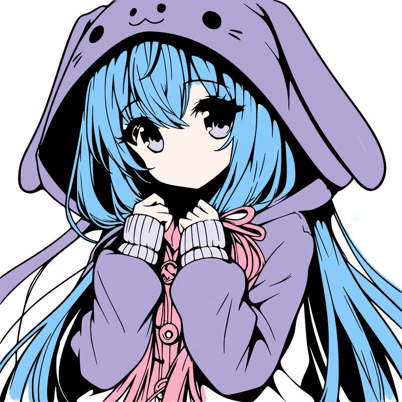 anime character girl with long hair cute bunny hoodie