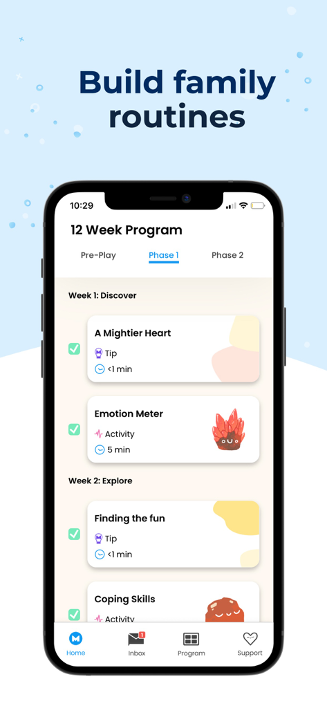 Mightier Parent App displaying the 12 week program interface with tasks and activities to build family routines