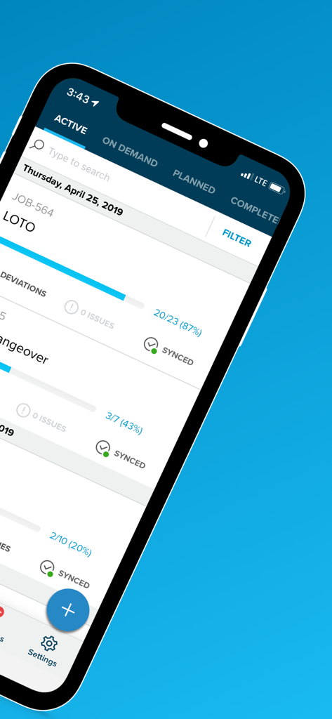 Parsable - Parsable mobile app dashboard displaying active industrial jobs including LOTO with real-time completion progress and sync status.