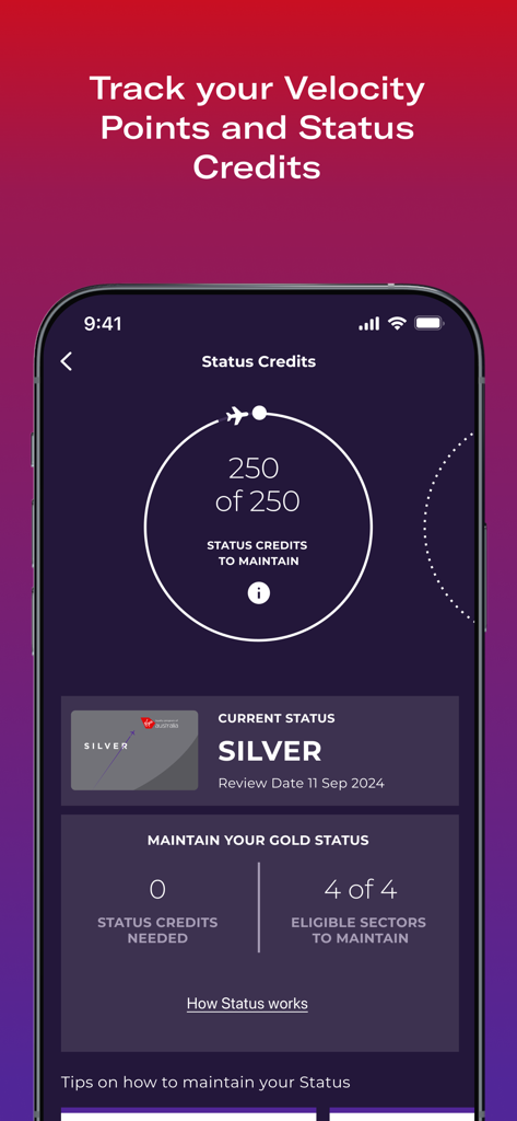 Velocity Frequent Flyer - Mobile app interface of Velocity Frequent Flyer showing status credits progress and silver membership level