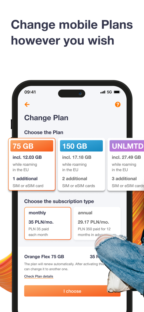 Orange Flex – offer with eSIM - Orange Flex app screen showing various data plan options and subscription choices for mobile users