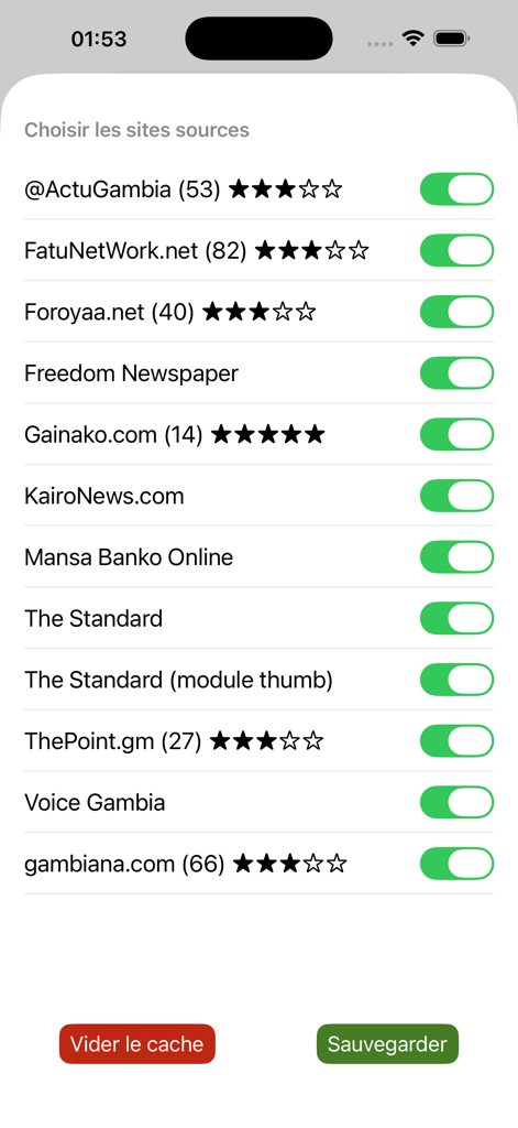 Pantalla de ajustes de la aplicación News Gambia que muestra una lista de fuentes de noticias de Gambia con interruptores para su selección.
