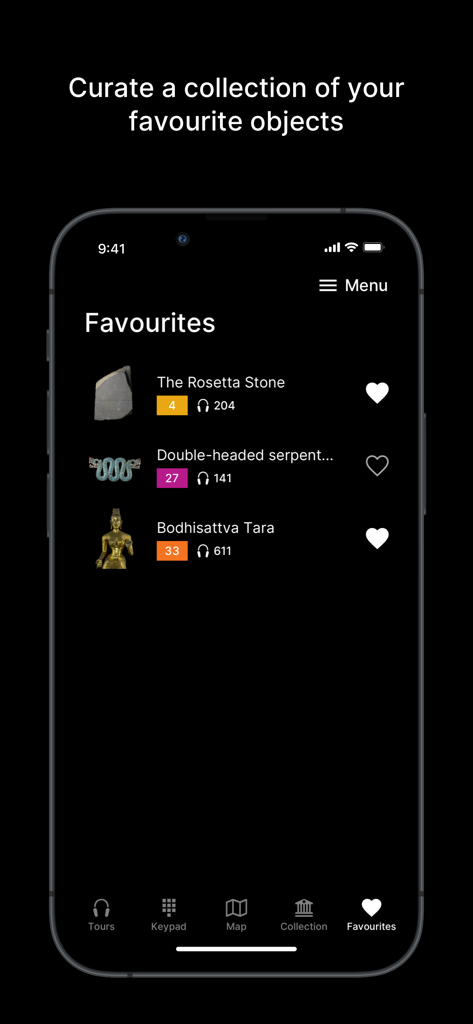 Ein Screenshot des Bildschirms 'Favoriten' in der British Museum Audio App, der eine kuratierte Sammlung von Museumsobjekten zeigt.
