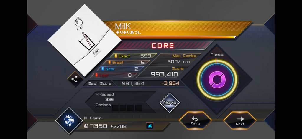 RAVON game results screen showing high score and combo for the song MilK