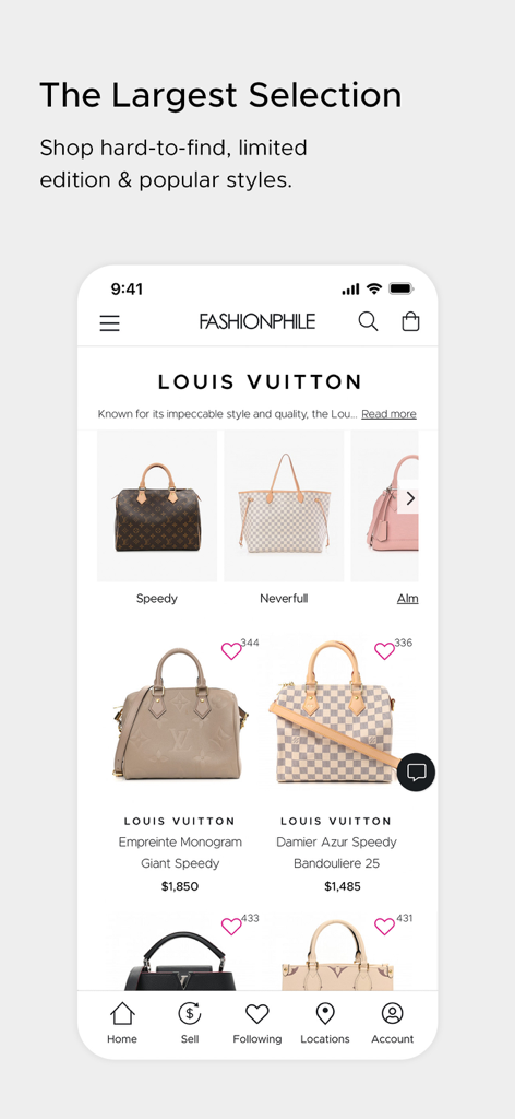 FASHIONPHILE - FASHIONPHILE app interface displaying a collection of authentic pre-owned Louis Vuitton handbags for sale.