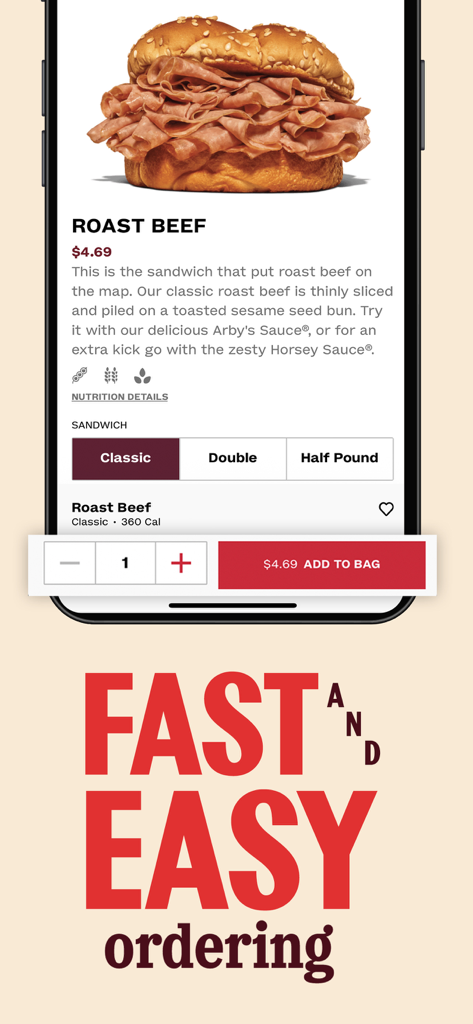 Interface do app Arbys mostrando um sanduíche de roast beef e opções de pedidos rápidos