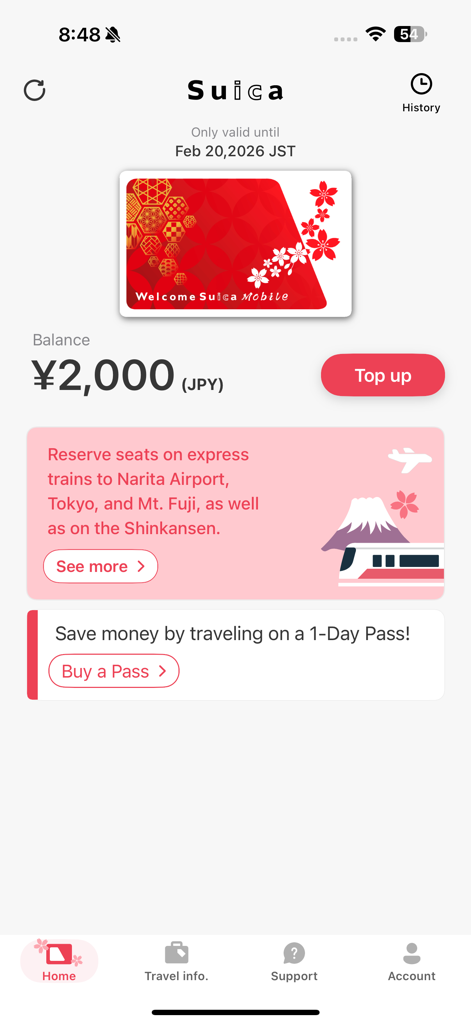 Welcome Suica Mobile - Welcome Suica Mobile app home screen showing a 2,000 Yen balance and top up button