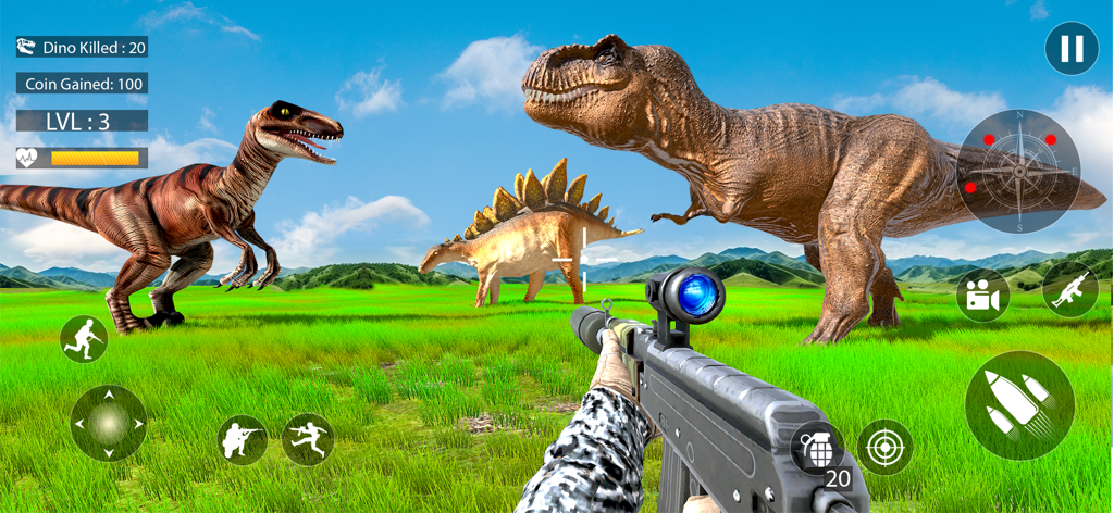 Dino hunter Deadly Monster - First-person shooter view of a sniper rifle aiming at a T-Rex and other dinosaurs in a green field.