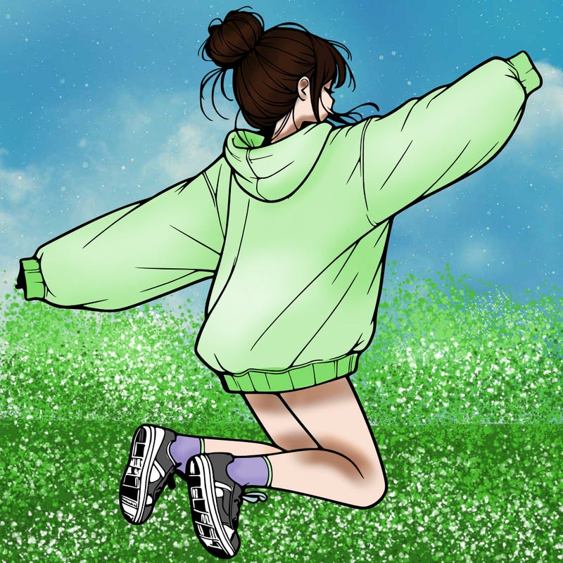 realistic girl jumping with a bun and oversized sweatshirt