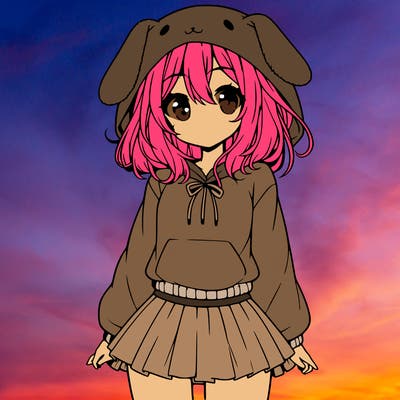 pretty anime girl wearing a fluffy hoodie with bunny ears on the hood and a skirt