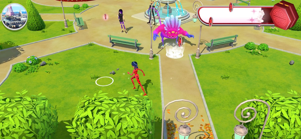 Miraculous Ladybug Life - Personagem Ladybug lutando contra um monstro roxo em um parque.
