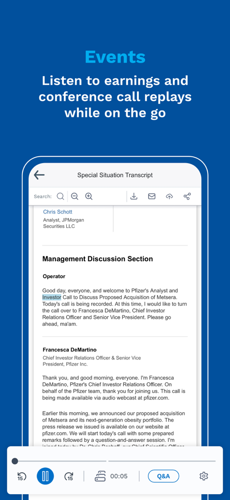 FactSet - FactSet mobile app interface displaying a professional earnings call transcript with integrated audio playback controls.