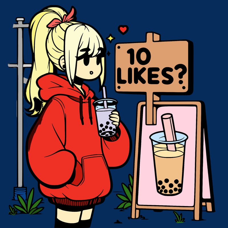 girl with oversized hoodie drinking boba and she has a high ponytail with a sign that says 10likes?