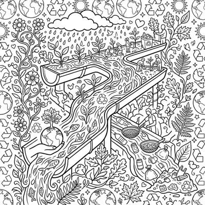 Engage in an intricate Earth Day coloring adventure with this unique page designed for teens, featuring creative gutters flowing with environmental action and recycling themes. Bring this detailed scene of planting, clean-up, and nature's renewal to life with your vibrant colors and celebrate our planet.