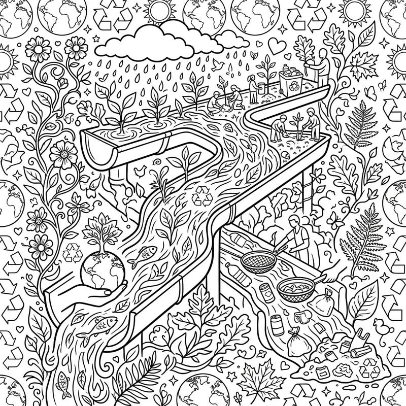 Engage in an intricate Earth Day coloring adventure with this unique page designed for teens, featuring creative gutters flowing with environmental action and recycling themes. Bring this detailed scene of planting, clean-up, and nature's renewal to life with your vibrant colors and celebrate our planet.