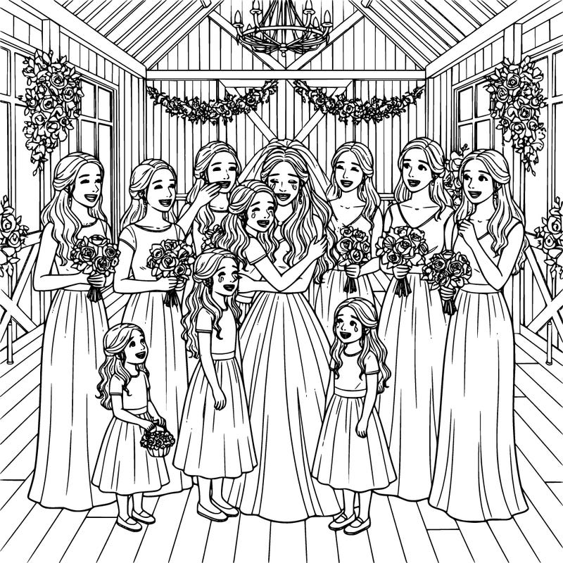 jr bridesmaids crying happy tears with the bride and the bride and bridesmaids and jr bridesmaids hair down and the flower girl  as well the background  is a fancy farmhouse