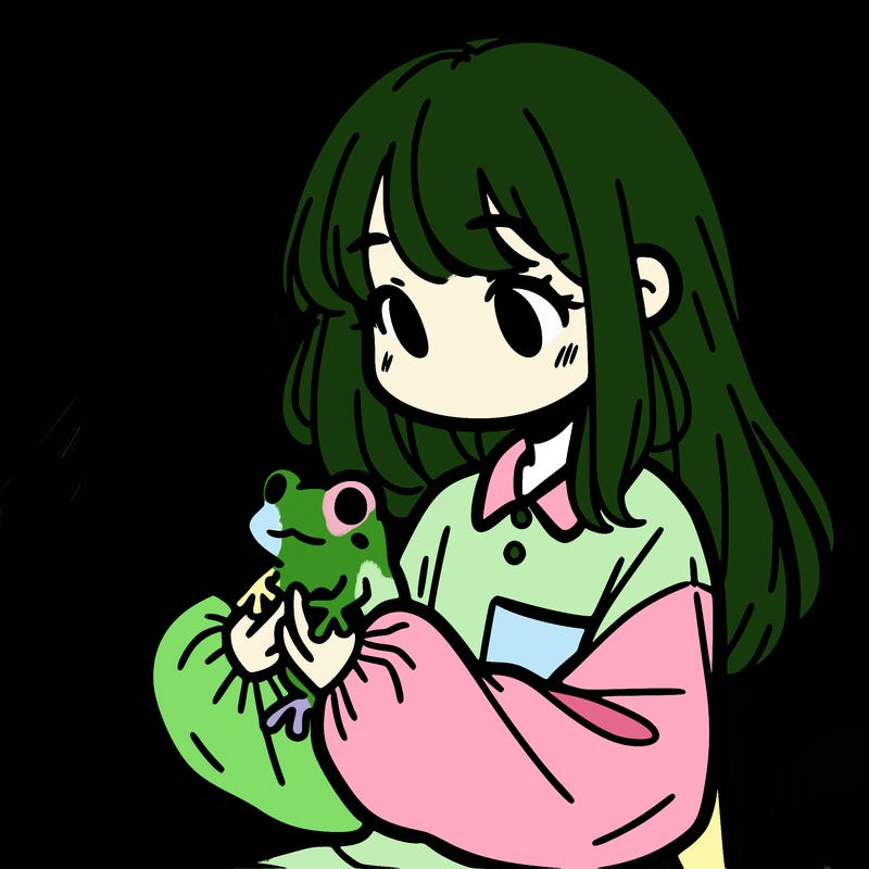 girl with long hair and a oversized shirt. and she is holding a frog