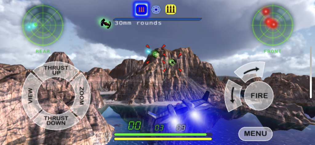 Gameplay of Nemesis 3D space shooter showing a spaceship flying over mountains with on-screen controls and radar.