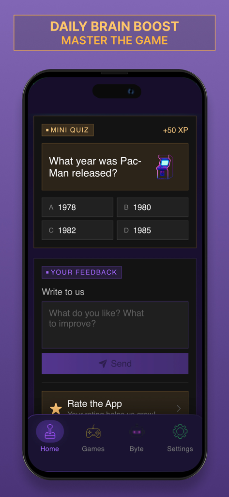 Pantalla de la aplicación móvil que muestra un concurso de trivia de juegos retro sobre Pac-Man con recompensas de XP