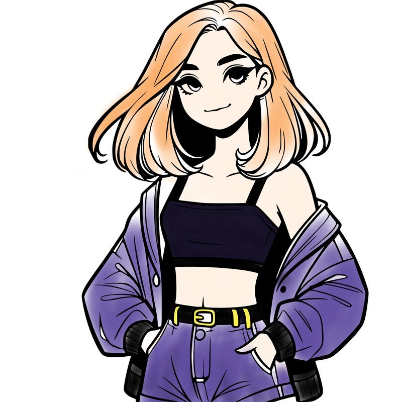 a realistic girl with a crop top and short shorts in an open jacket