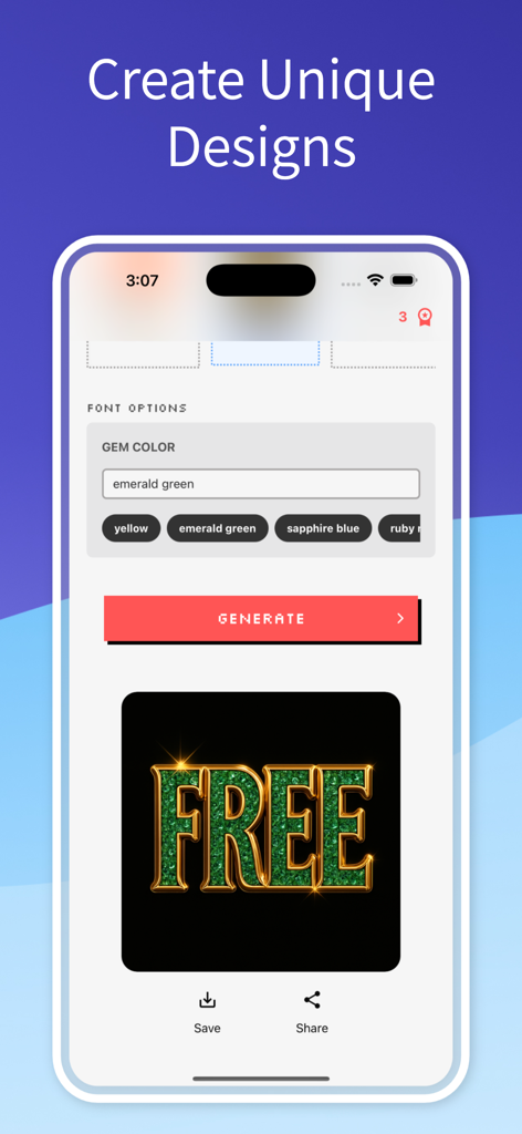Font Generator - AI Text Art - 3Dエメラルドグリーンの宝石のようなテキストデザインを作成するフォントジェネレーターアプリのインターフェース
