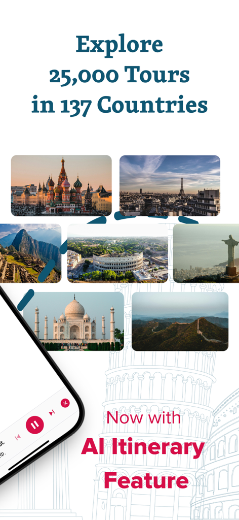 Captura de pantalla de la aplicación izi.TRAVEL que muestra 25.000 tours de audio en 137 países y la función de itinerario de IA