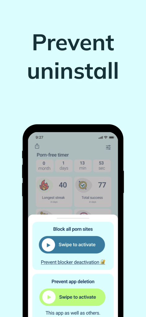 Interface do aplicativo Blocker XXX mostrando recursos para bloquear sites de pornografia e impedir a exclusão do aplicativo com botões de deslizar