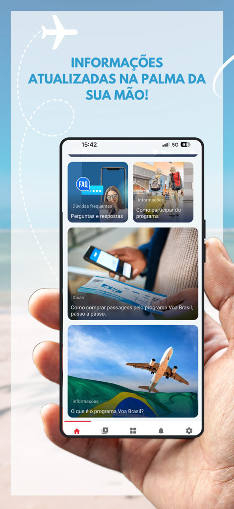 Programa Voa Brasil - Smartphone displaying the Programa Voa Brasil app interface with sections for flight guides and frequently asked questions.