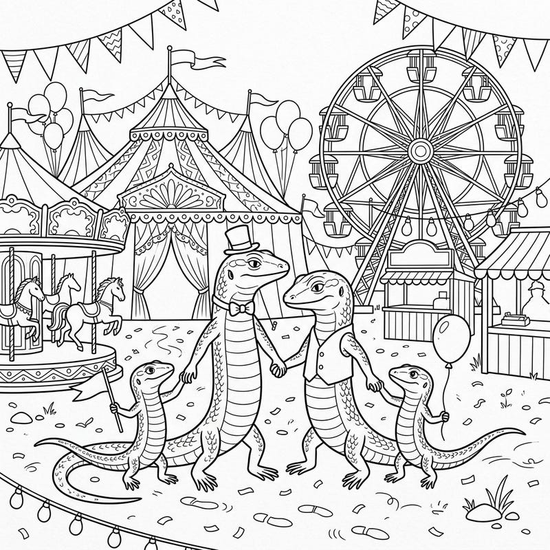 Join an adorable skink family as they explore the exciting sights and sounds of a bustling carnival. This charming coloring page is packed with fun details, from circus tents to Ferris wheels, promising endless creative enjoyment.