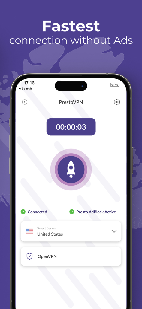 Presto VPNモバイルアプリのインターフェース。アメリカのサーバーに接続されており、広告ブロッカーがアクティブな状態を示しています。