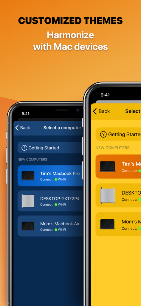 Computer Mouse: Remote Control - Display di temi blu e gialli personalizzabili per l'app Mouse per Computer Telecomando su due iPhone.