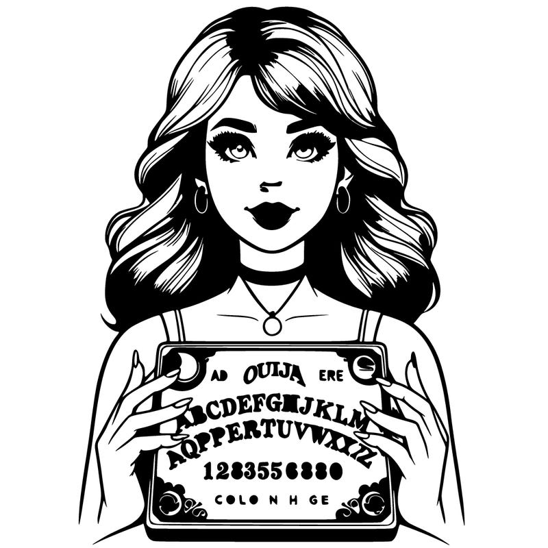 realistic woman holding up a ouija board