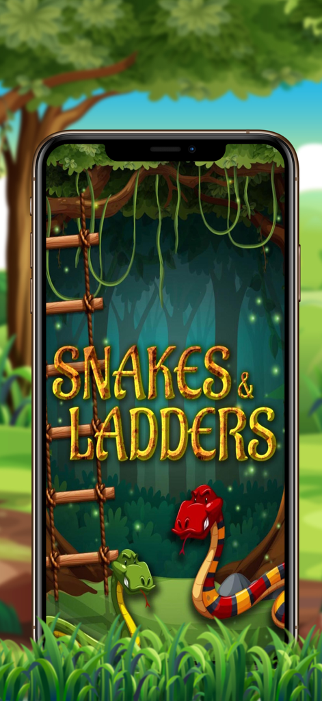 Snakes and Ladders Pro mobile game title screen with a jungle theme and cartoon snakes