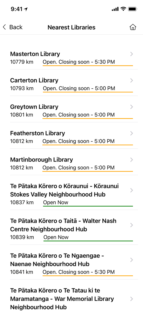 Hutt City Libraries - List of nearest library branches with distances and opening hours in the Hutt City Libraries app